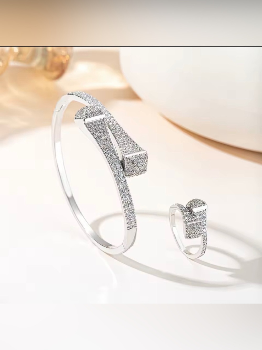 18K White Gold Micro Pave Diamond Geometrical Cuff Bracelet & Ring Stacking Set - Picture 2 of 3